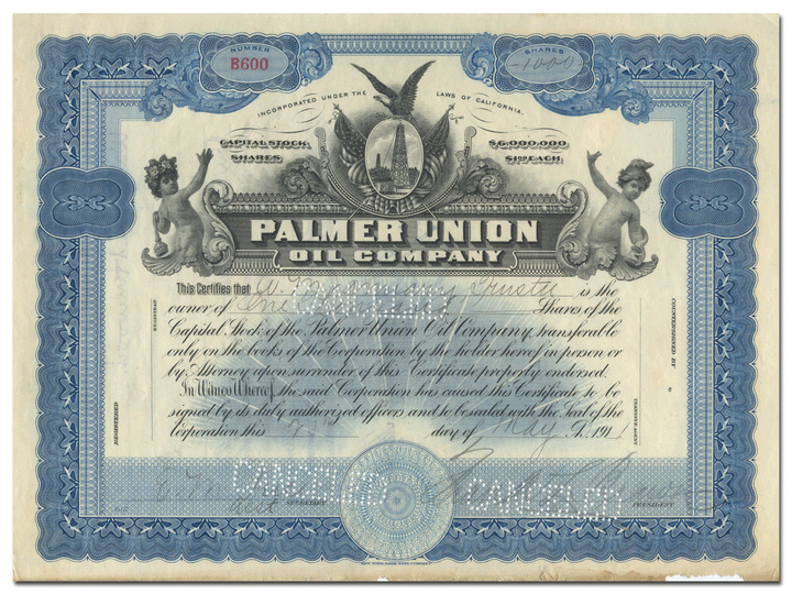 Palmer Union Oil Company Stock Certificate