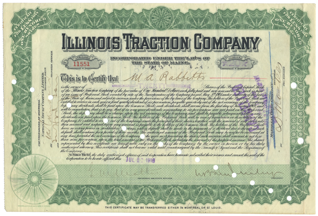 Illinois Traction Company Stock Certificate