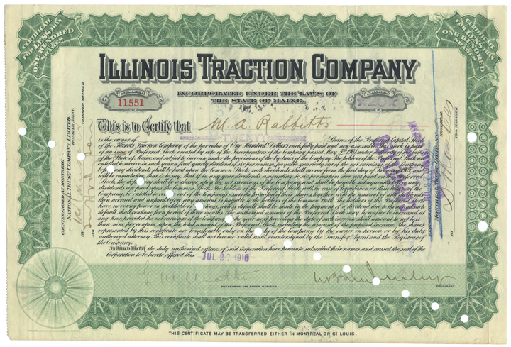 Illinois Traction Company Stock Certificate