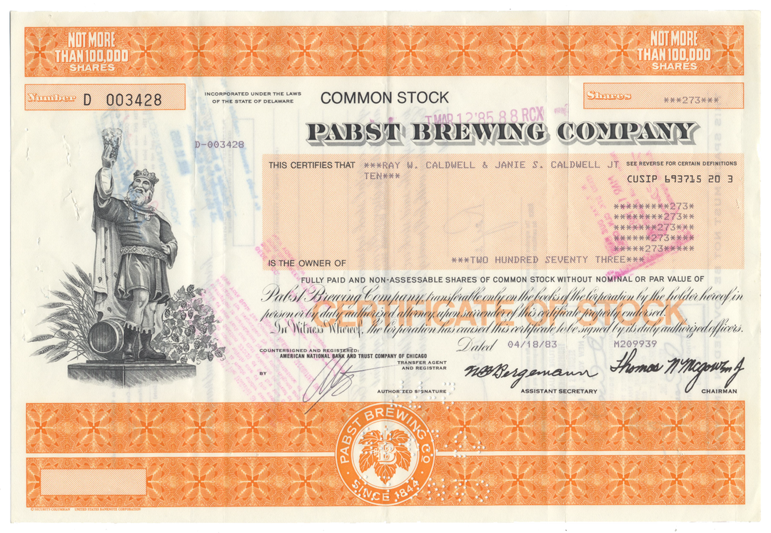 Pabst Brewing Company Stock Certificate