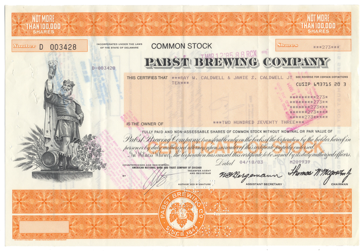 Pabst Brewing Company Stock Certificate