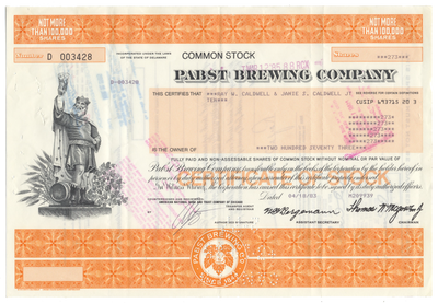 Pabst Brewing Company Stock Certificate