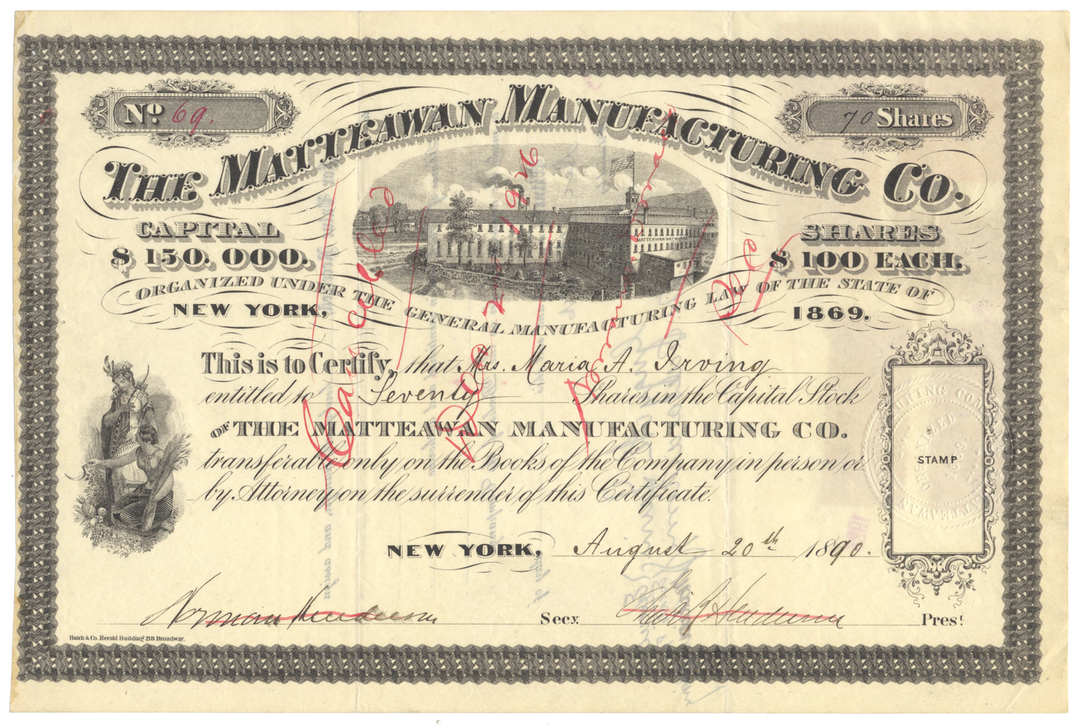 Matteawan Manufacturing Company Stock Certificate