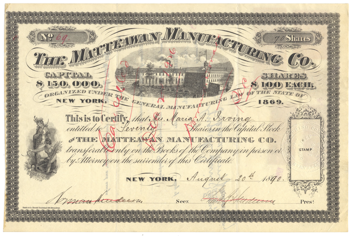 Matteawan Manufacturing Company Stock Certificate