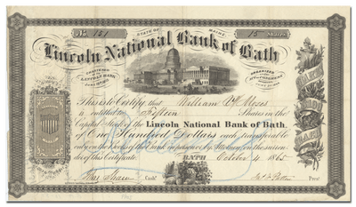 First National Bank of Bath Stock Certificate