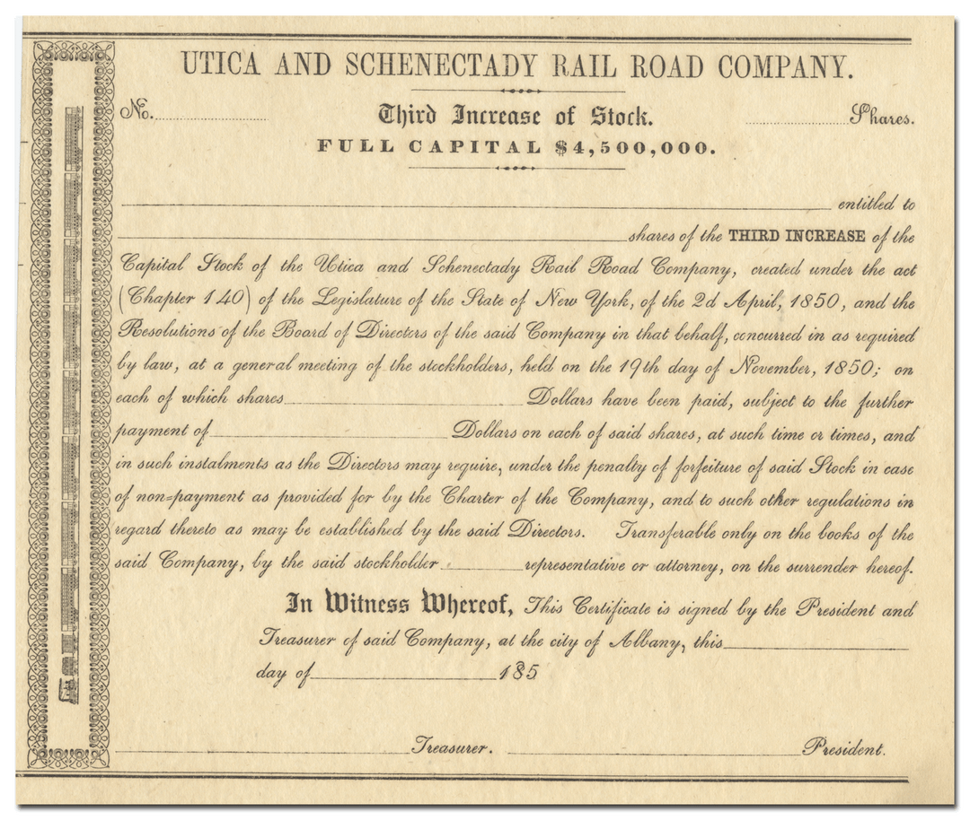 Utica and Schenectady Rail Road Company Stock Certificate