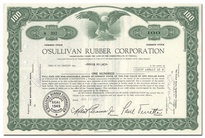 O'Sullivan Rubber Corporation Stock Certificate