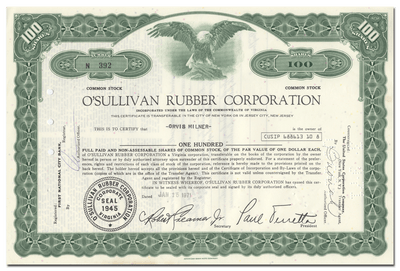 O'Sullivan Rubber Corporation Stock Certificate