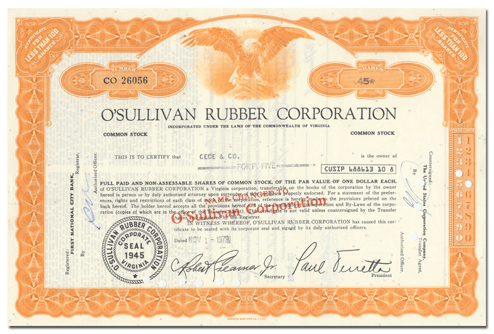 O'Sullivan Rubber Corporation Stock Certificate