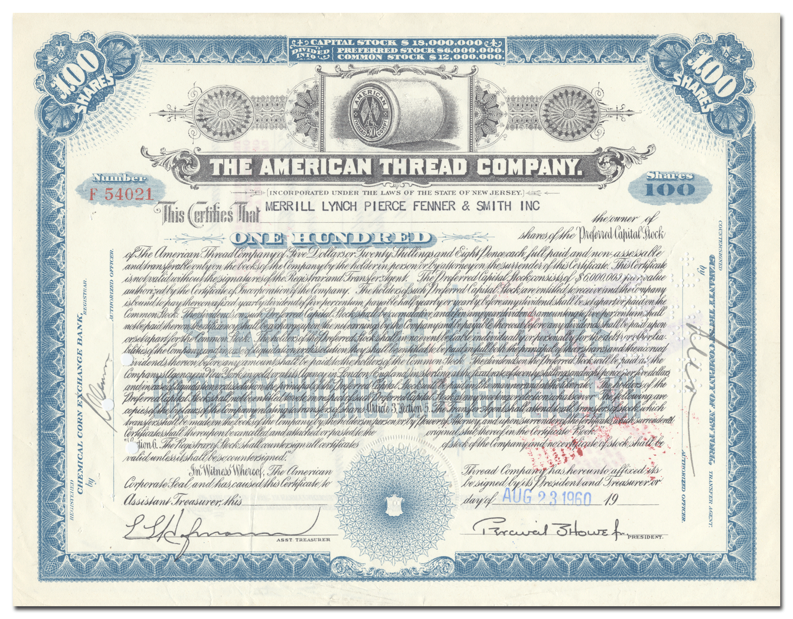 American Thread Company Stock Certificate