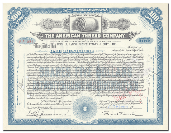 American Thread Company Stock Certificate