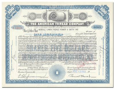 American Thread Company Stock Certificate