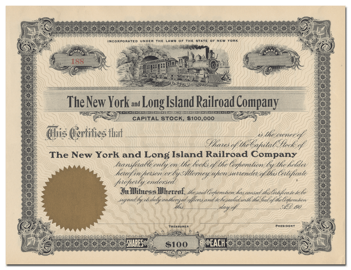 New York and Long Island Railroad Company Stock Certificate