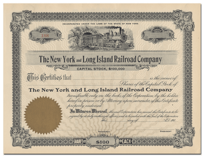 New York and Long Island Railroad Company Stock Certificate