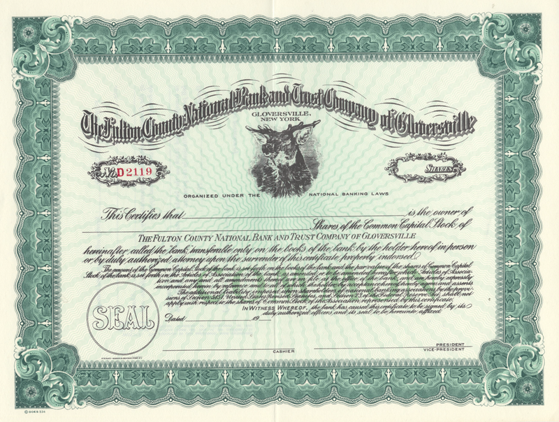 Fulton County National Bank and Trust Company of Gloversville Stock Certificate