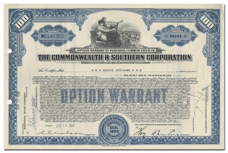 Commonwealth & Southern Corporation Stock Certificate