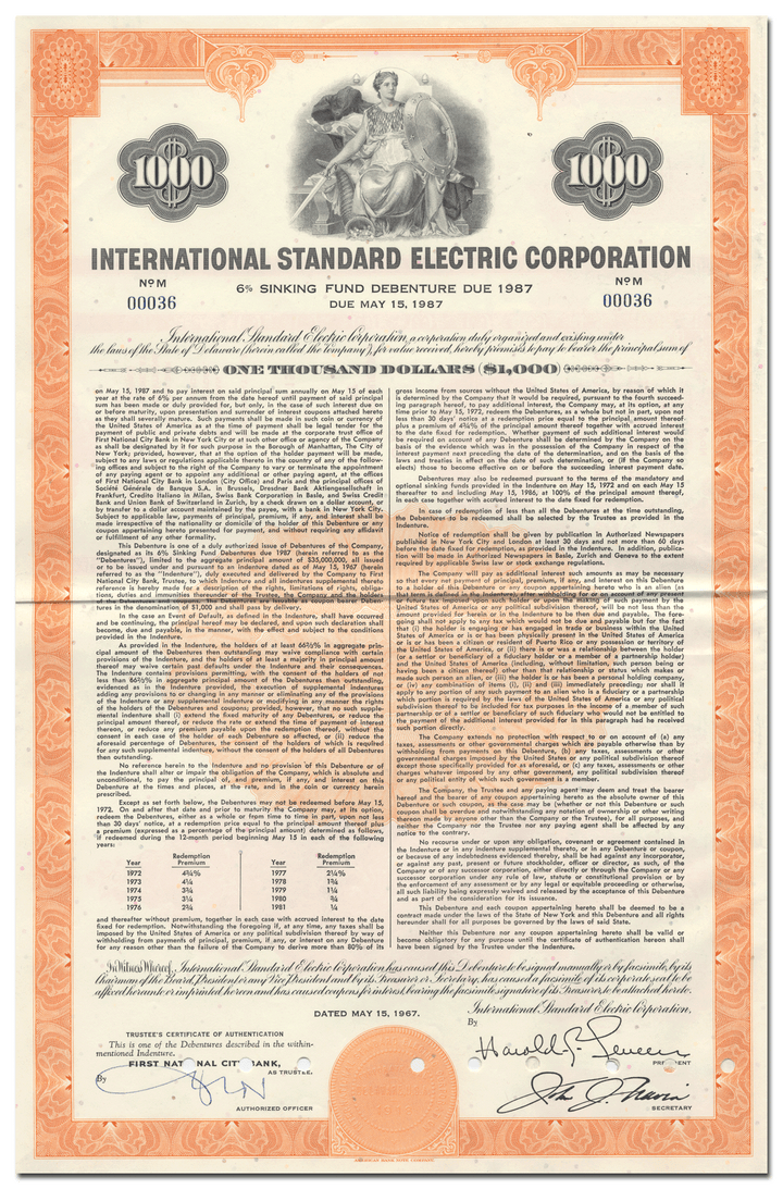 International Standard Electric Corporation Bond Certificate