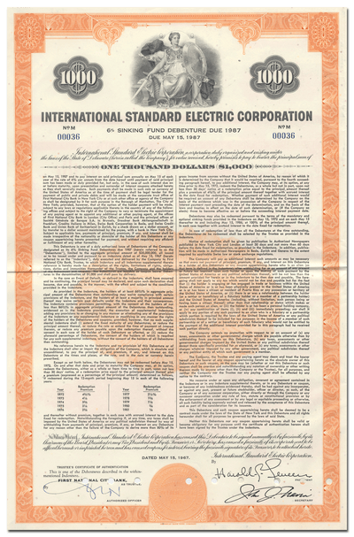 International Standard Electric Corporation Bond Certificate