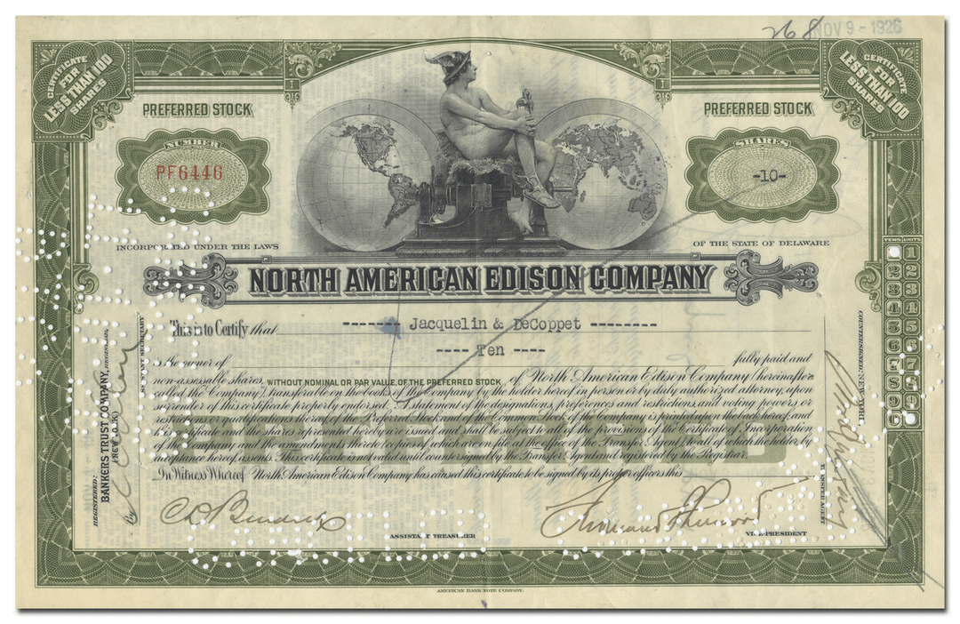 North American Edison Company Stock Certificate