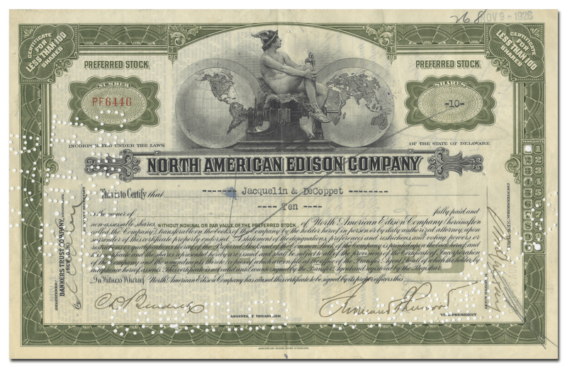 North American Edison Company Stock Certificate