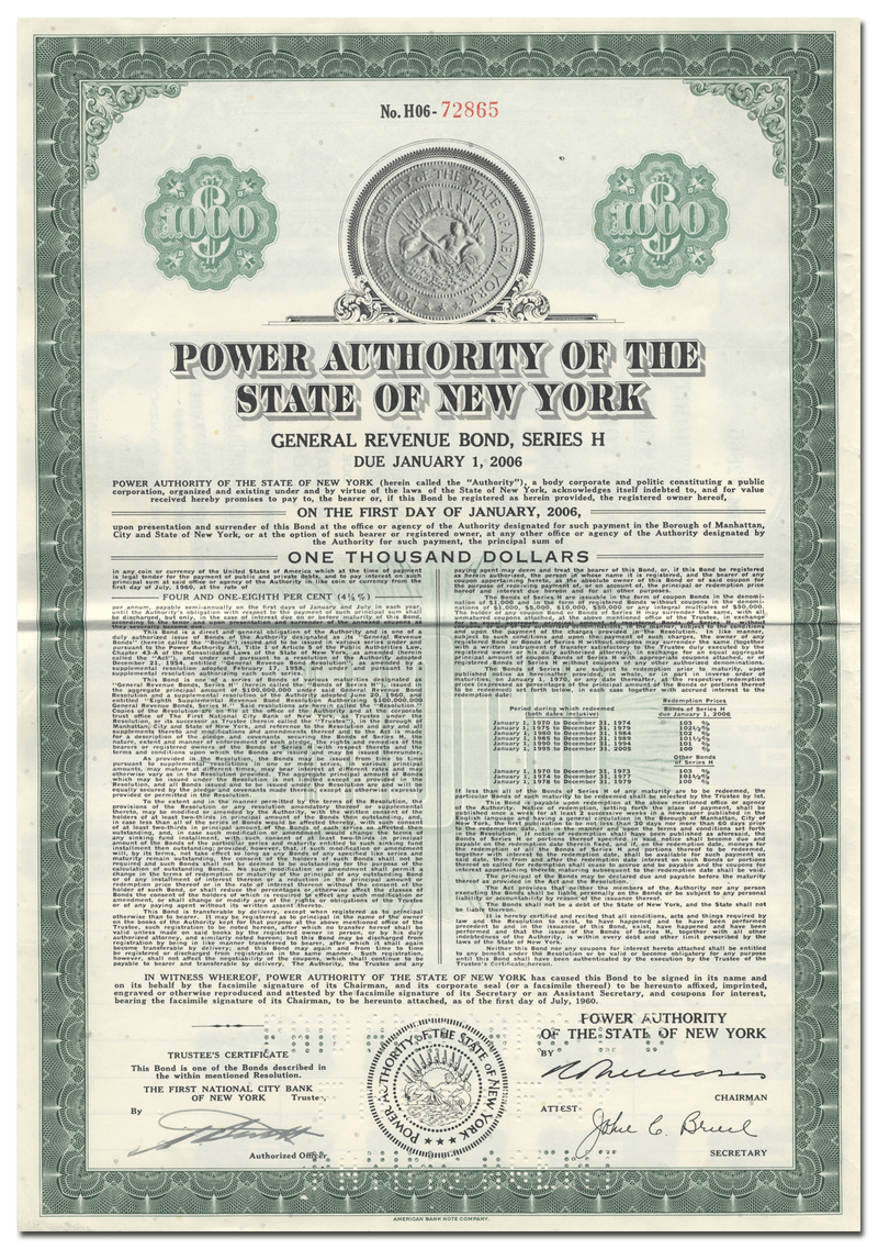 Power Authority of the State of New York Bond Certificate