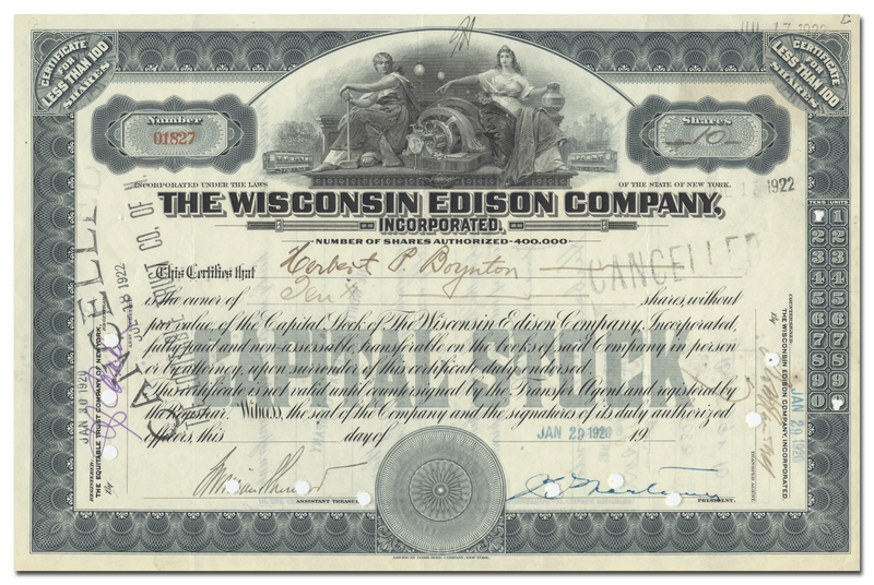 Wisconsin Edison Company, Incorporated Stock Certificate