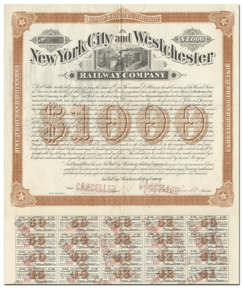 New York City & Westchester Railway Company Bond Certificate