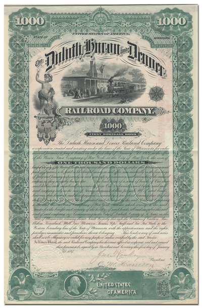 Duluth, Huron & Denver Railroad Company Bond Certificate