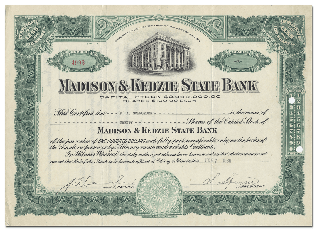 Madison & Kedzie State Bank Stock Certificate