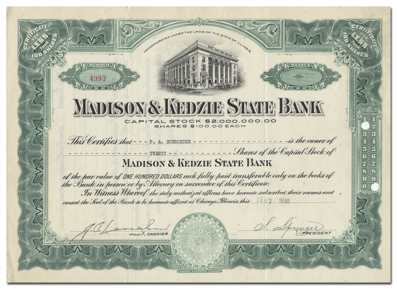 Madison & Kedzie State Bank Stock Certificate