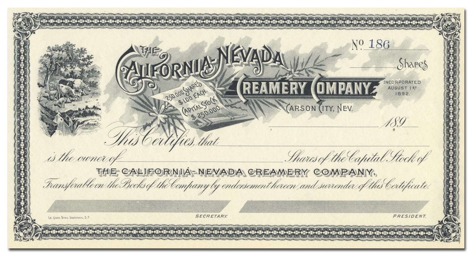 California-Nevada Creamery Company Stock Certificate