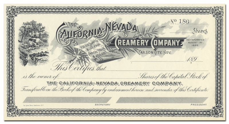 California-Nevada Creamery Company Stock Certificate