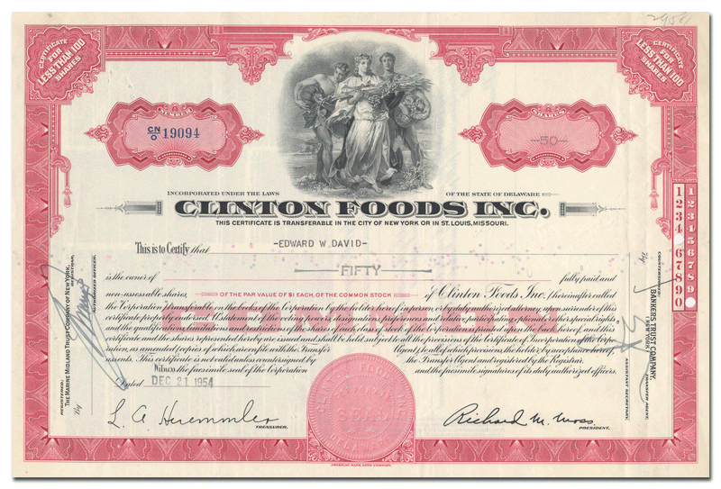 Clinton Foods, Inc. Stock Certificate