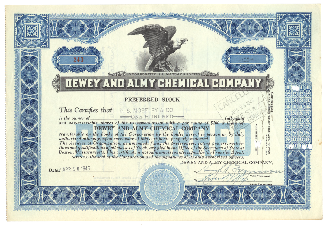 Dewey and Almy Chemical Company Stock Certificate