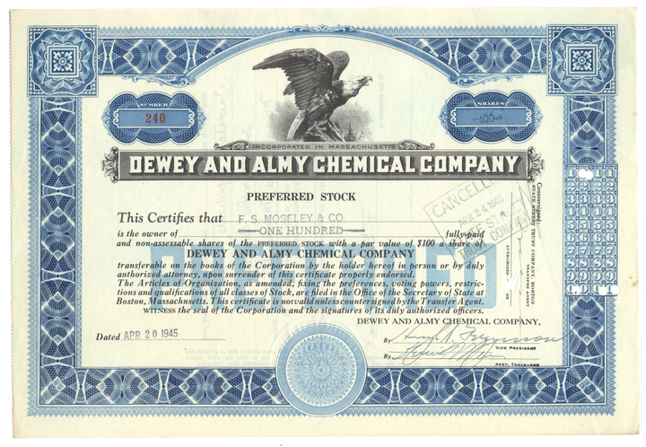 Dewey and Almy Chemical Company Stock Certificate