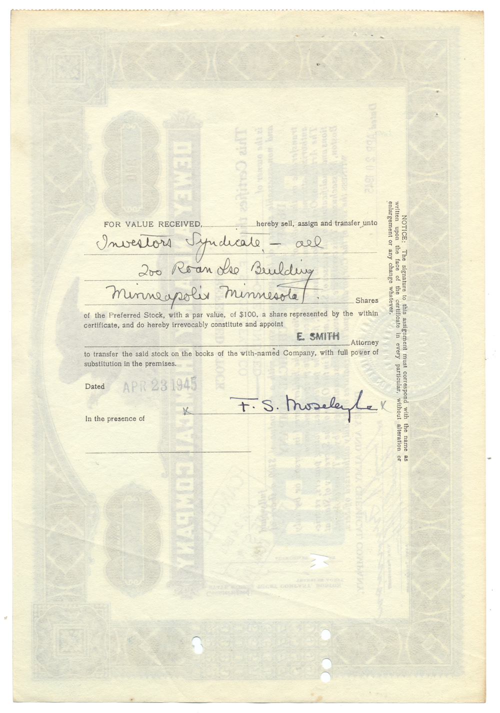 Dewey and Almy Chemical Company Stock Certificate