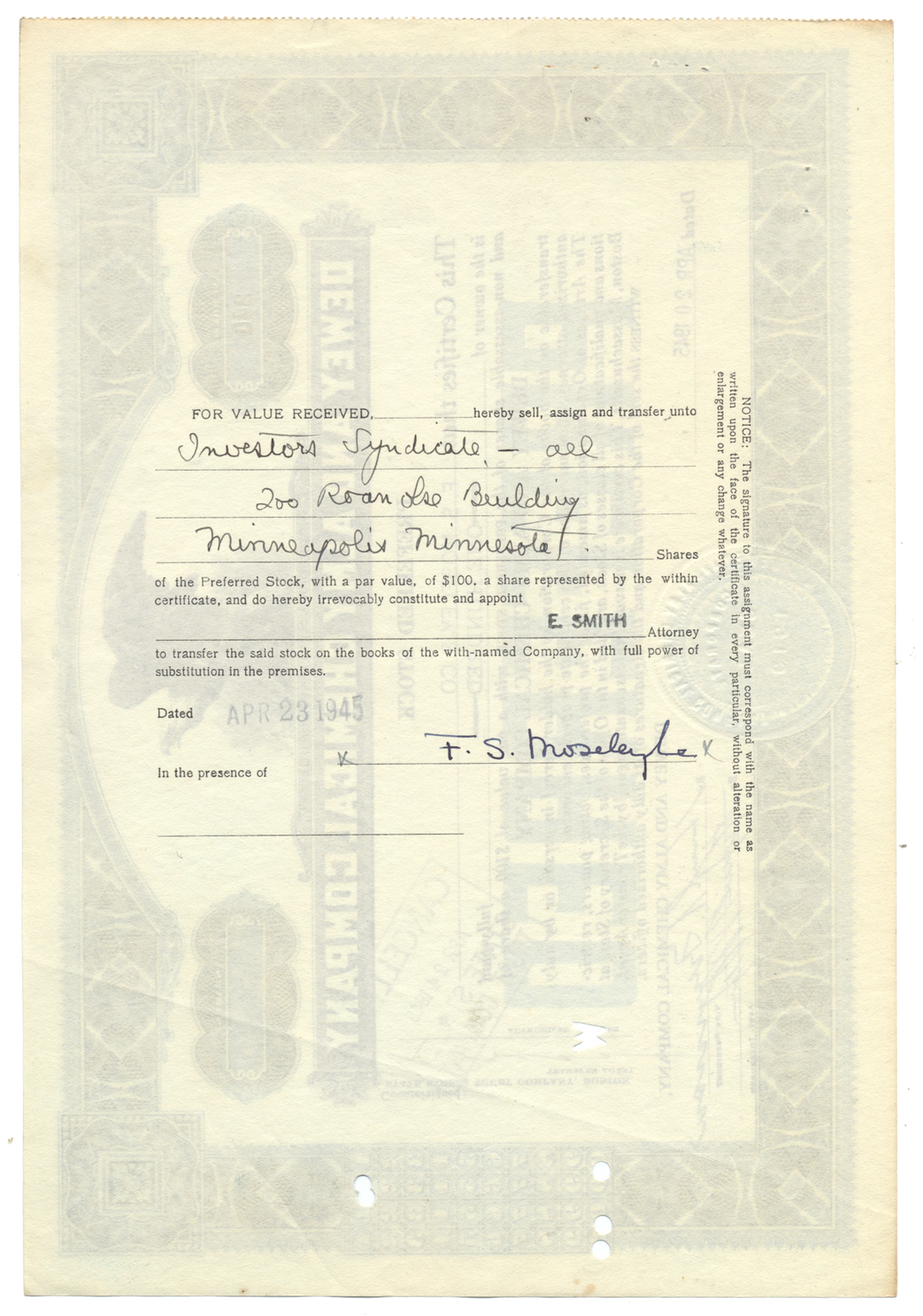 Dewey and Almy Chemical Company Stock Certificate