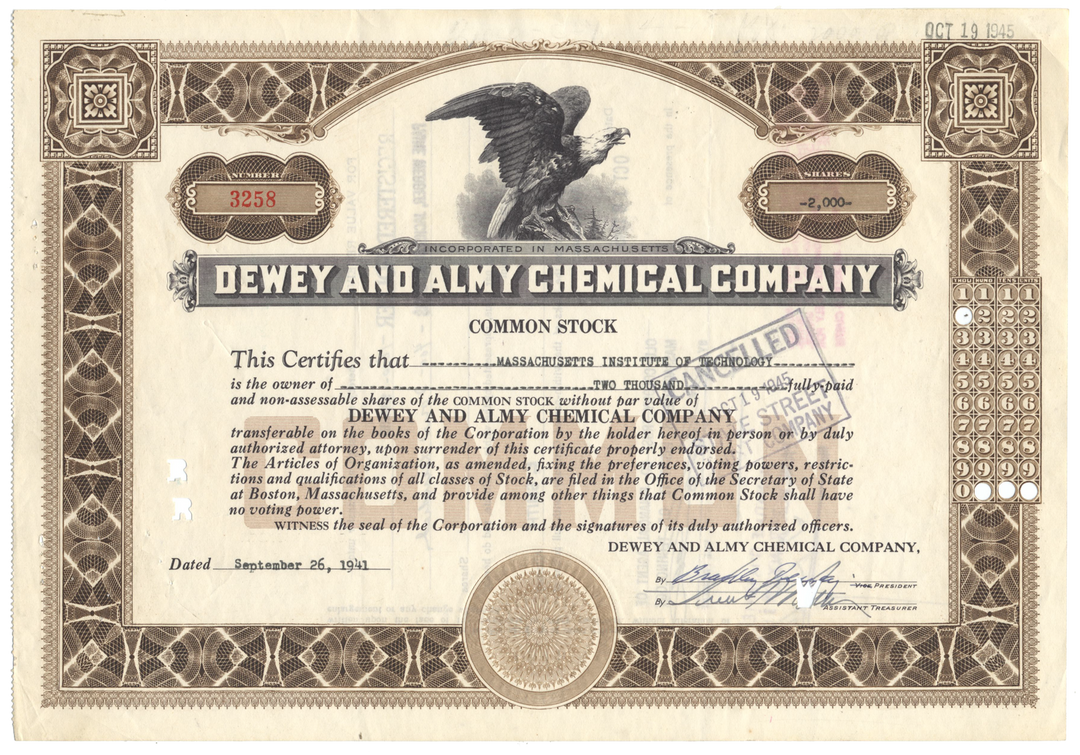 Dewey and Almy Chemical Company Stock Certificate