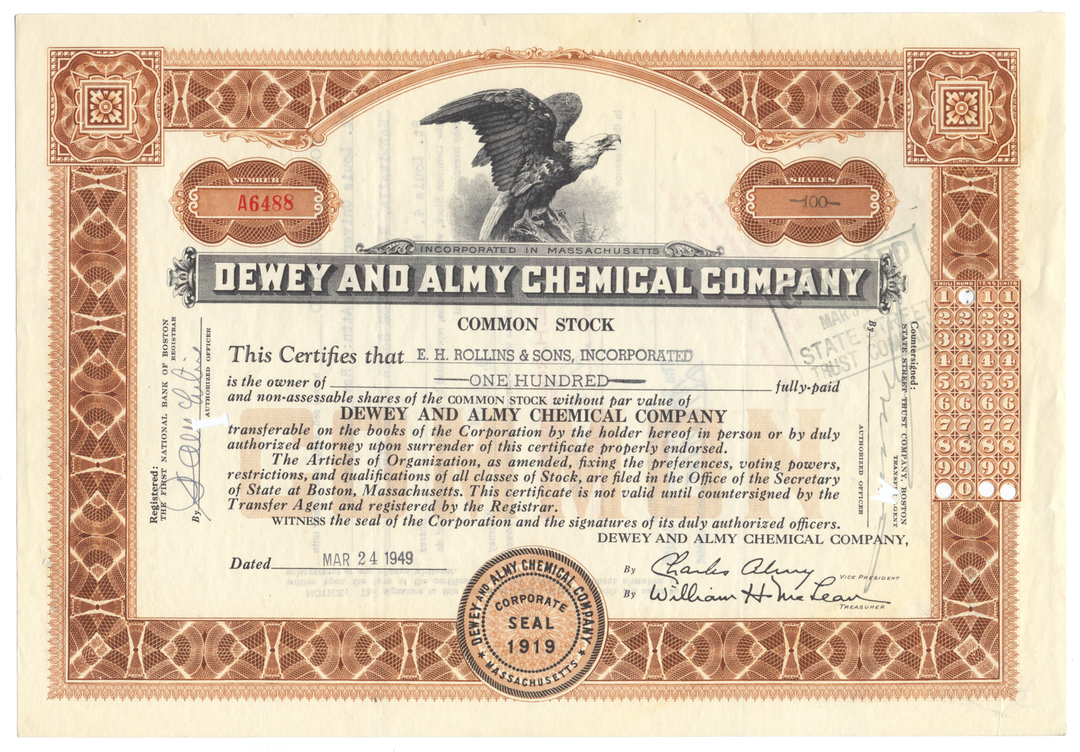 Dewey and Almy Chemical Company Stock Certificate