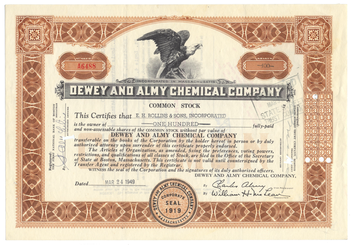 Dewey and Almy Chemical Company Stock Certificate