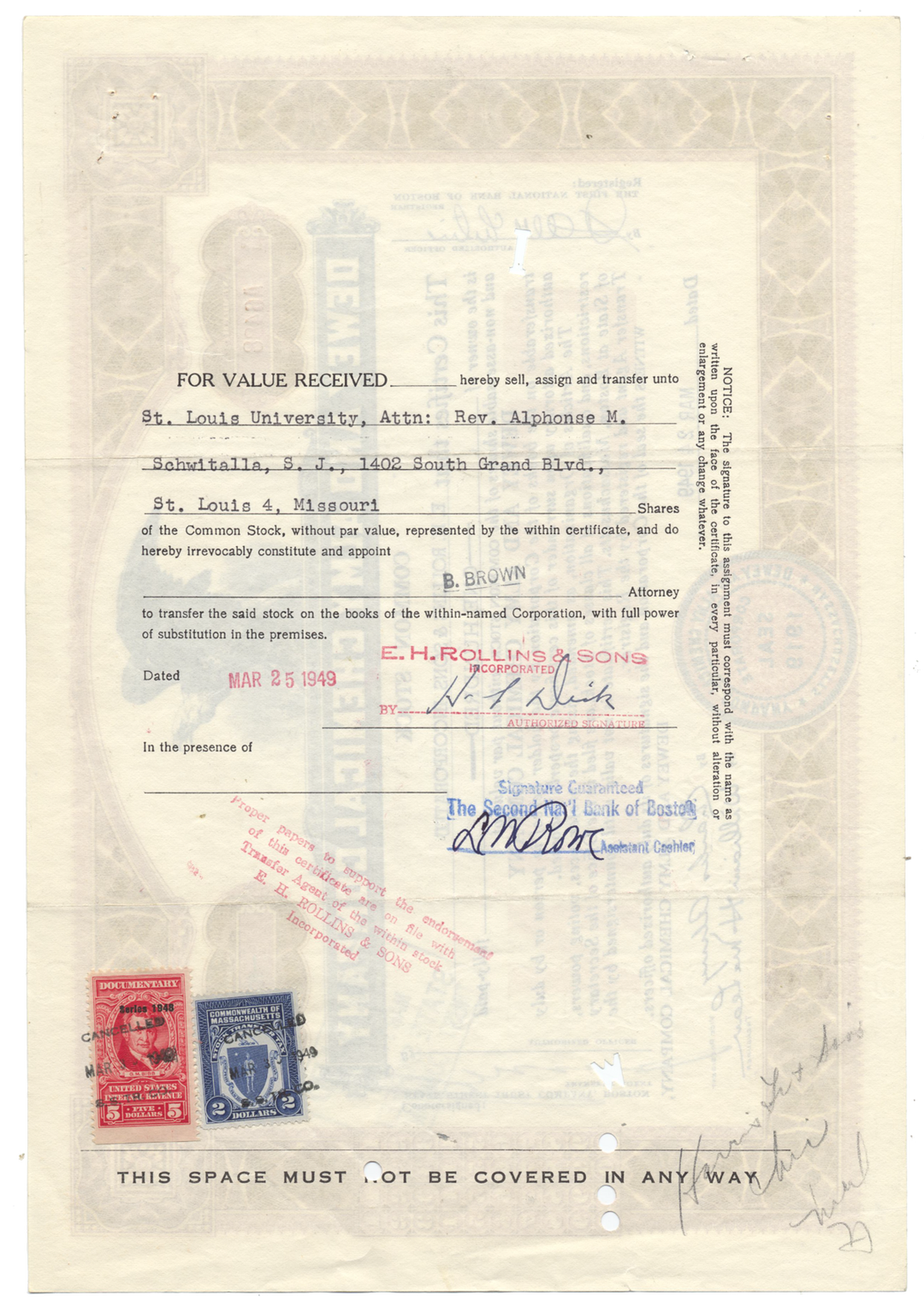 Dewey and Almy Chemical Company Stock Certificate