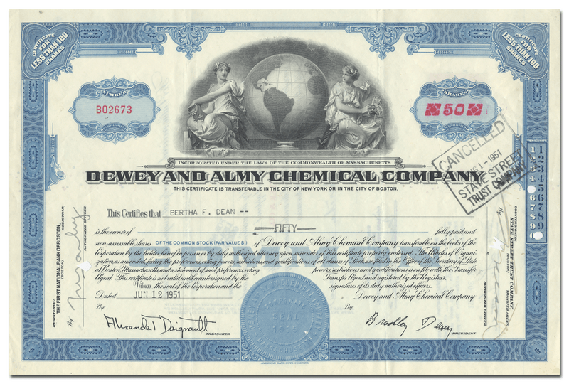Dewey and Almy Chemical Company Stock Certificate