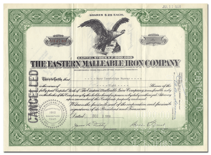 Eastern Malleable Iron Company Stock Certificate