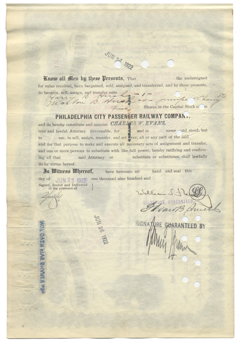 Philadelphia City Passenger Railway Company Stock Certificate