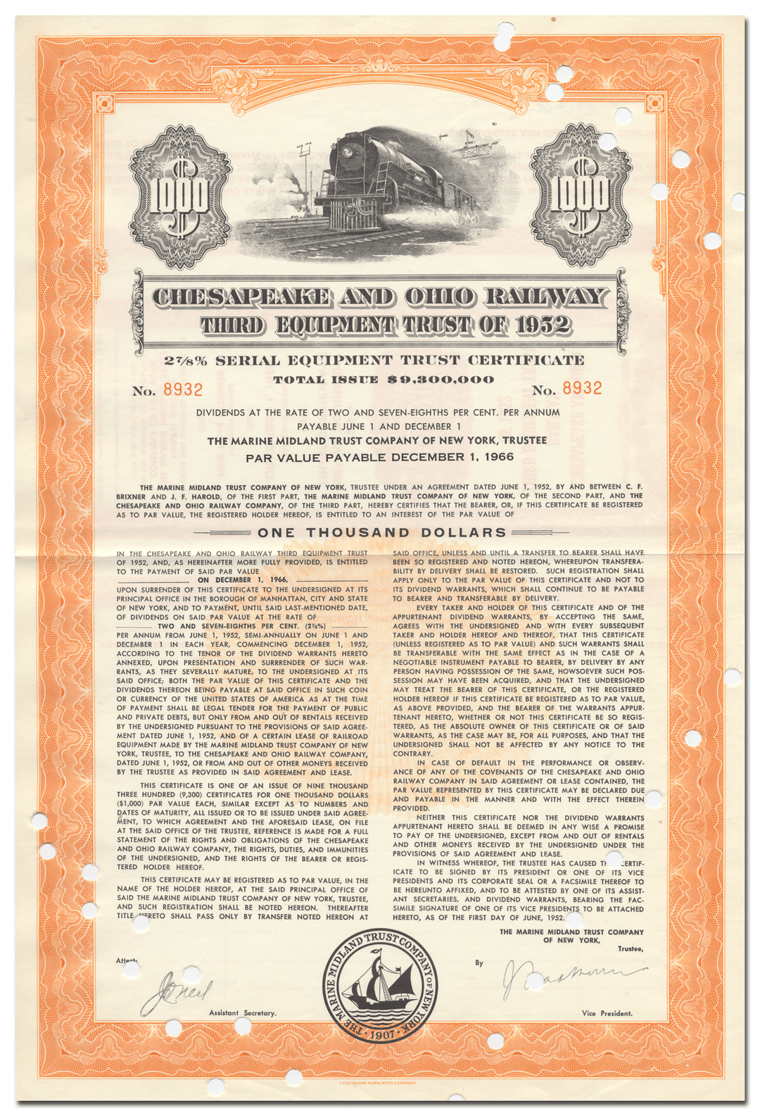 Chesapeake and Ohio Railway Company Bond Certificate