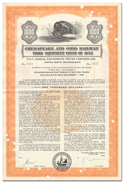 Chesapeake and Ohio Railway Company Bond Certificate