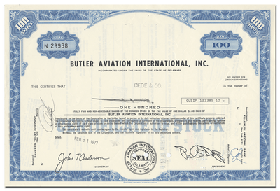 Butler Aviation International, Inc. Stock Certificate