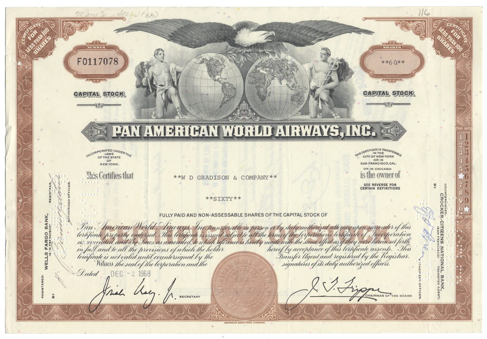 Pan American World Airways, Inc. Stock Certificate