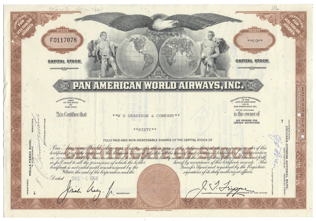 Pan American World Airways, Inc. Stock Certificate