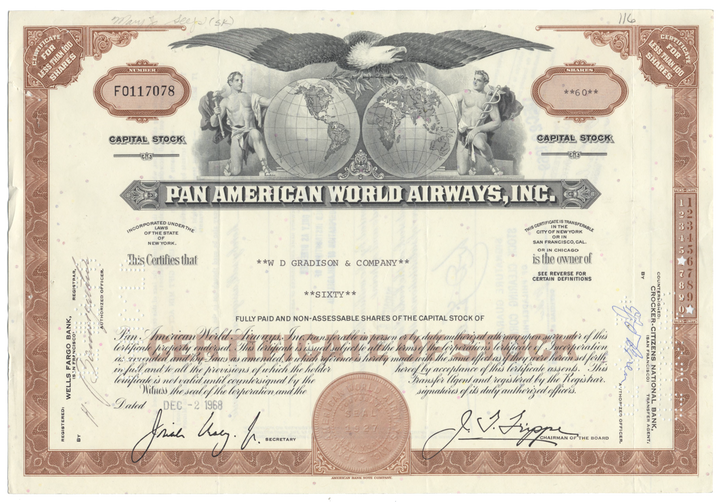 Pan American World Airways, Inc. Stock Certificate